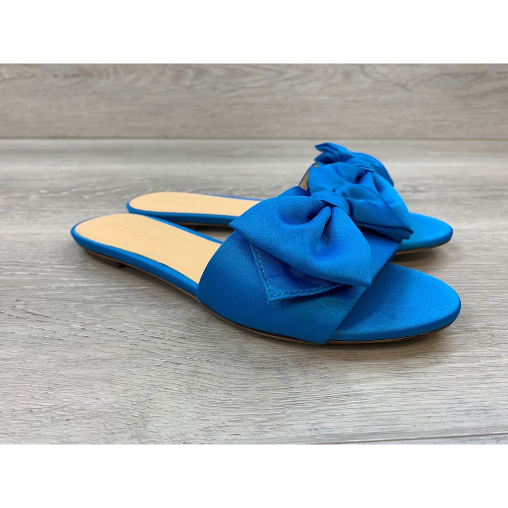 J.Crew Women's Blue Satin Bow Slide Sandals 5 Flat Slip On Casual Comfort Shoes